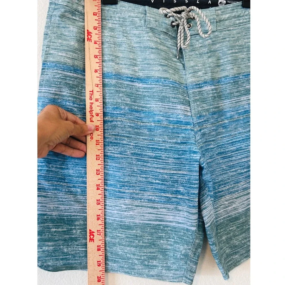 Vissla Beach Surfer Blue Green Striped Upcycled Coconut Board Shorts Size 36